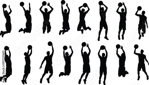 Basketball players silhouettes jumping, shooting ball action set, isolated black figures, sport dynamic movement collection on white background active energy
