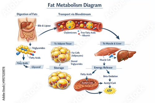 Fat Metabolism Pathway Diagram Showing Energy Production and Storage