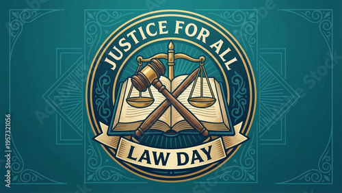 Vector Law Day badge with scales and gavel