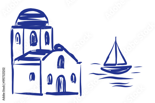 Hand-drawn sketch of a Greek island building and sailboat. Abstract Ink Contour Drawn Artwork. Imperfect Brush Stroke Painted Pattern. Felt-tip Pen Outline Contour Drawn Card Invitation Poster Print