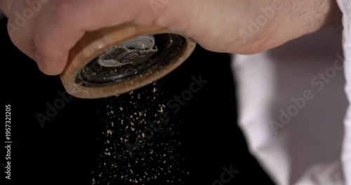 Super slow motion, Chef Seasoning With Wooden Pepper Grinder White Sleeve