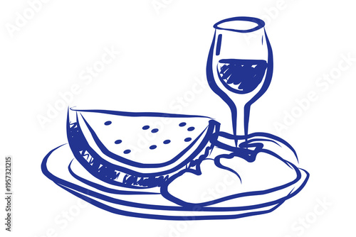 Hand-drawn illustration of watermelon, fruit, and wine. Abstract Ink Contour Drawn Artwork. Imperfect Brush Stroke Painted Pattern. Felt-tip Pen Outline Contour Drawn Card Invitation Poster Print