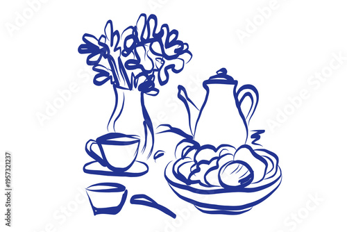Hand-drawn Blue Line Art Still Life with Tea Set and Fruit. Abstract Ink Contour Drawn Artwork. Imperfect Brush Stroke Painted Pattern. Felt-tip Pen Outline Contour Drawn Card Invitation Poster Print