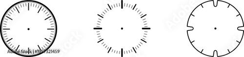 clock face dial templates set with analog time scale minute and hour marks, round watch timer interface vector illustration isolated on transparent background