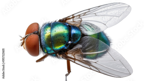 Photos Macro photo of an iridescent green bottle fly with intricate details on its comp