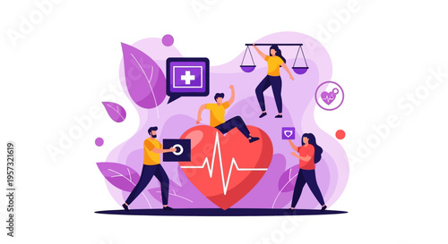 Vector illustration of a global health awareness campaign with people around a heart and stethoscope for World Health Day celebration