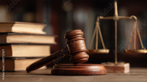 Vector illustration of law gavel and scales with books