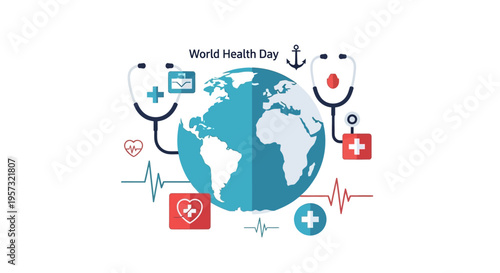A global doctor illustration for World Health Day, featuring a blue globe with medical icons and a stethoscope in a colorful infographic design celebrating global health awareness