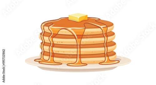 A delicious stack of golden pancakes topped with melting butter presented on a white plate silhouette high quality professional detailed