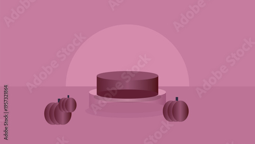 Round podium with pumpkins on pink background stage