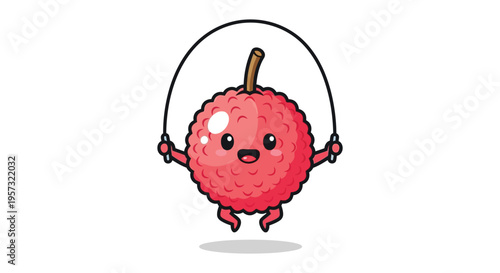A cheerful lychee character joyfully jumps rope displaying a vibrant red hue and playful design silhouette high quality professional detailed modern