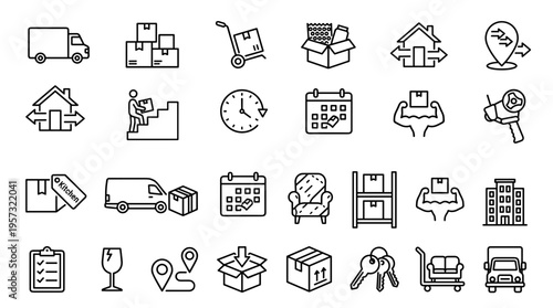 Collection of moving and logistics icons representing delivery services, storage, transportation, and relocation with a clean line art style on a white background.