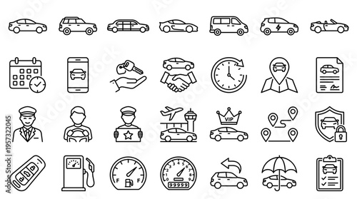 Collection of car related icons representing transportation services, car rental, driving, and automotive industry concepts