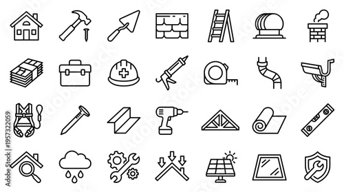 Construction and Home Improvement Icons Set Building Tools Roofing Supplies Safety Equipment and Weather Elements for Renovation and Repair Projects