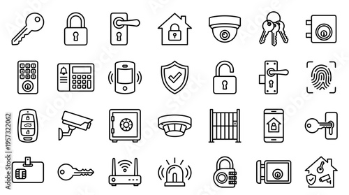 Collection of security and access control icons including keys locks cameras fingerprint scanner safe and alarm systems for home and business protection concepts