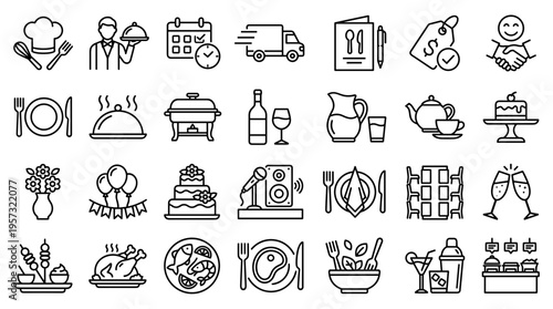 Collection of food and dining icons representing catering services, events, and restaurant business elements