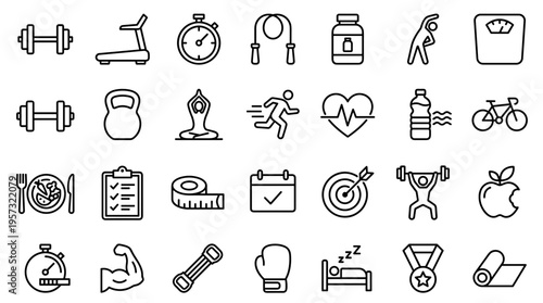 Collection of fitness and healthy lifestyle icons representing exercise nutrition and wellness activities for a balanced life