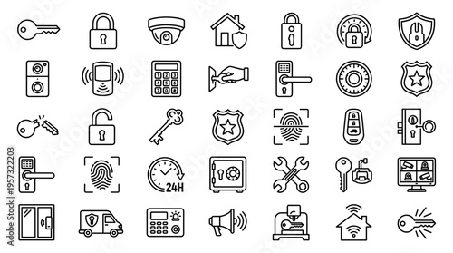 Collection of security and safety icons representing access control, surveillance, and protection systems for homes and businesses