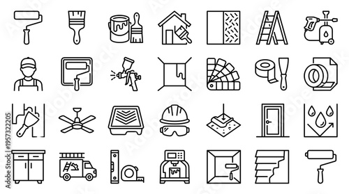 Collection of home renovation and repair icons representing painting construction tools and professional services for interior and exterior projects