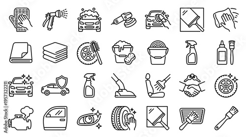 Car Wash and Detailing Icons Set Clean Vehicle Maintenance Symbols Auto Service Equipment Collection