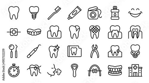 Dental care icons set representing teeth health hygiene and medical treatment symbols for dentistry and oral hygiene concepts