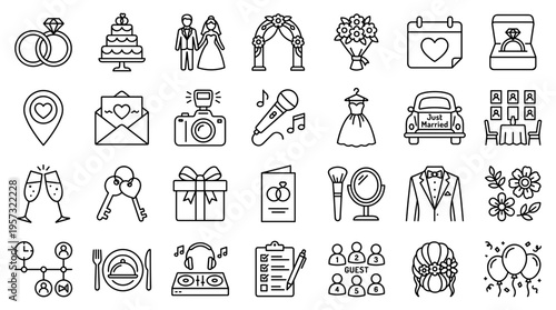 Collection of wedding icons representing various elements and stages of a marriage celebration including rings cake attire venue and guests