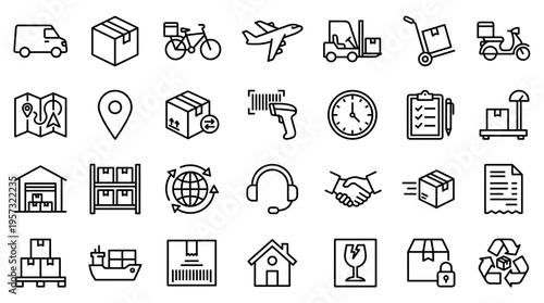 Logistics and delivery service icons set representing shipping transportation warehousing and global commerce concepts