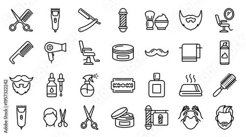 Barber Shop Icons Set Collection of Hair Salon Tools and Accessories for Men Grooming and Styling Services