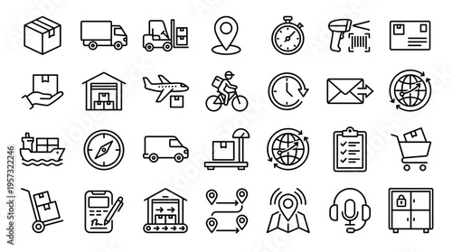 Logistics and delivery icons set with shipping transportation and tracking elements for supply chain management and e-commerce business concepts