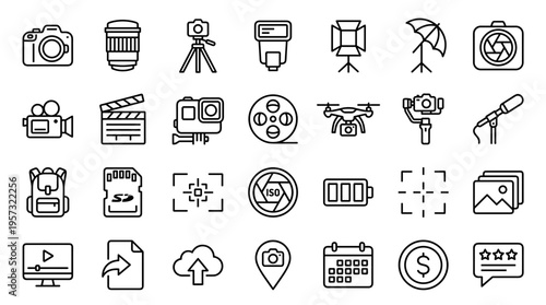 Collection of photography and videography icons representing cameras lenses tripods drones and editing tools for creative professionals and content creators