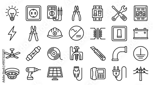 Collection of electrical symbols and icons representing energy, power, and electrical components for technical diagrams and concepts