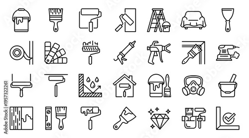 Home renovation and painting tools and supplies collection flat icons set for interior design and construction projects