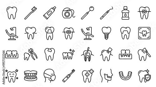 Collection of dental hygiene icons representing oral care tools and healthy teeth concepts for medical and healthcare design