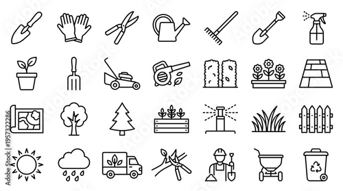 Collection of gardening tools and elements for outdoor maintenance and landscaping, representing nature and cultivation