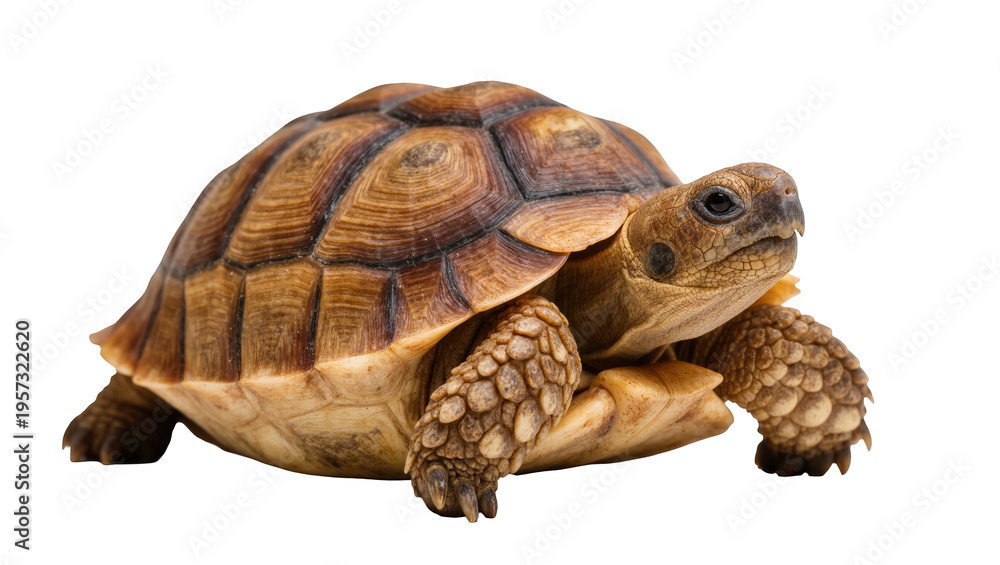 Obraz premium A sturdy African spurred tortoise walking slowly forward, studio shot, ready for adventure.