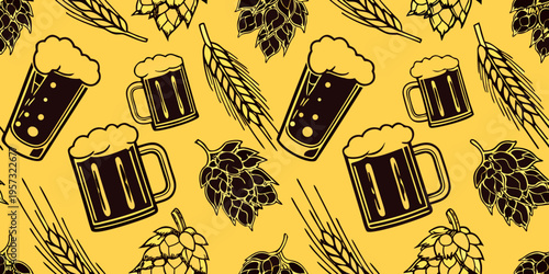 Seamless pattern featuring beer mugs barley and hop cones on yellow