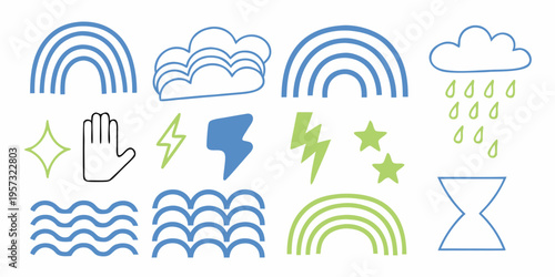 Whimsical blue and green hand drawn weather and celestial elements collection