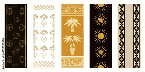 Five vertical panels displaying art deco inspired geometric and floral designs