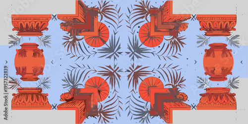 Symmetrical pattern featuring classical columns foliage and orange accents