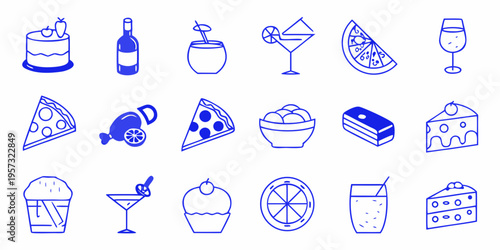 Collection of hand drawn blue line icons depicting desserts and beverages