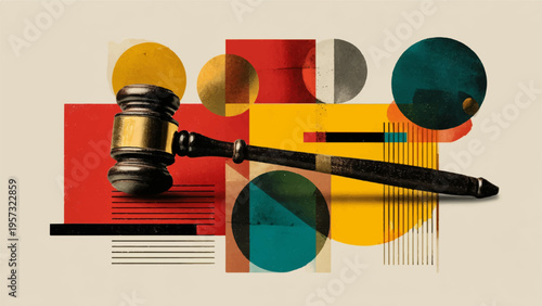 Vector illustration of gavel and colorful geometric shapes