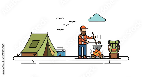 A vibrant illustration depicts a camper cooking over a campfire near a tent showcasing a flat style silhouette high quality professional