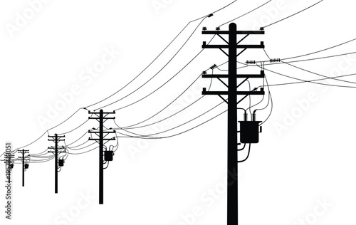 Silhouette of electricity poles and power lines stretching into distance showing energy distribution infrastructure against clean minimal background urban concept