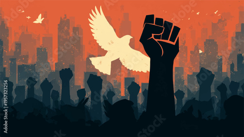 Vector illustration of raised fist and dove in cityscape