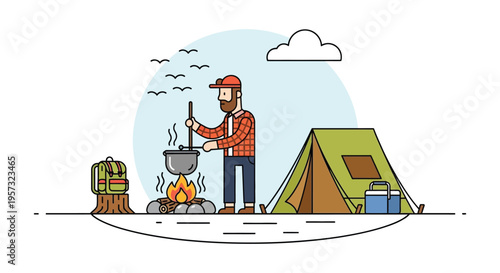 A colorful illustration depicts a man camping cooking over a fire with a tent and outdoor gear silhouette high quality