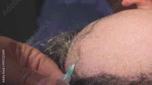 An extreme close-up of a medical procedure involving a scalp injection. A healthcare professional’s hand is shown holding a syringe and precisely inserting a needle into the hairline of a patient. 