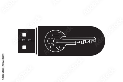 Black and white USB flash drive icon featuring digital key silhouette with circuit patterns inside. Hardware-based encryption and secure data access. Data protection.