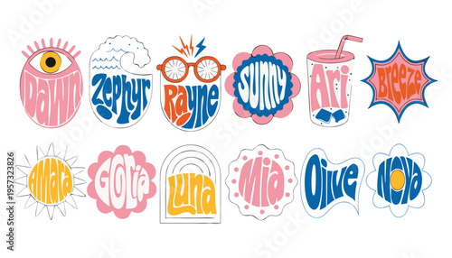 Retro Groovy Name Tag Stickers – Y2K Colorful Vector Labels with Hippie Flowers and Bubble Typography