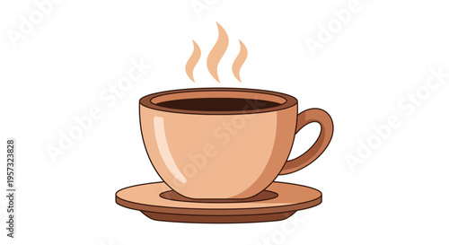 A vibrant illustration of a steaming cup of coffee resting on a saucer presented as a silhouette high quality professional detailed
