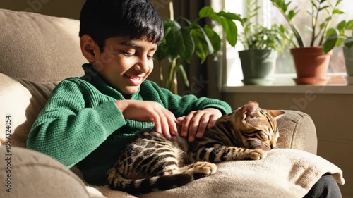 A young child gently pets a small Bengal kitten curled on a cozy armchair, the tender interaction unfolding in warm, natural indoor light.